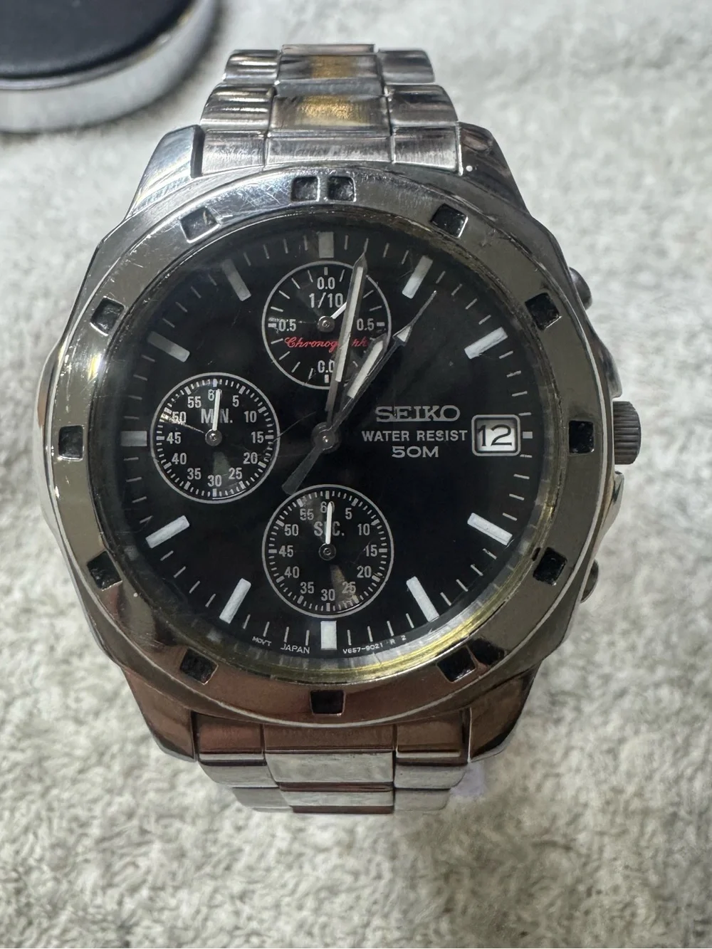 Seiko Silver Stainless Steel Chronograph with Black Dial